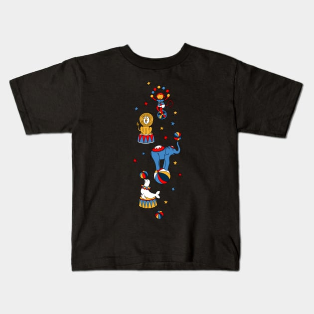 Little Circus Stars on Black Kids T-Shirt by micklyn